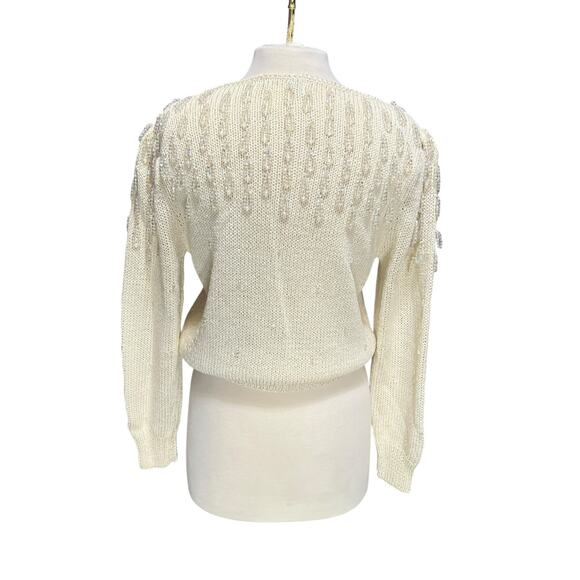 VTG 80s Glam Beaded Hand Knit Sweater Sz L Angora Wool Fringe Puff Sleeve Party - Picture 8 of 13